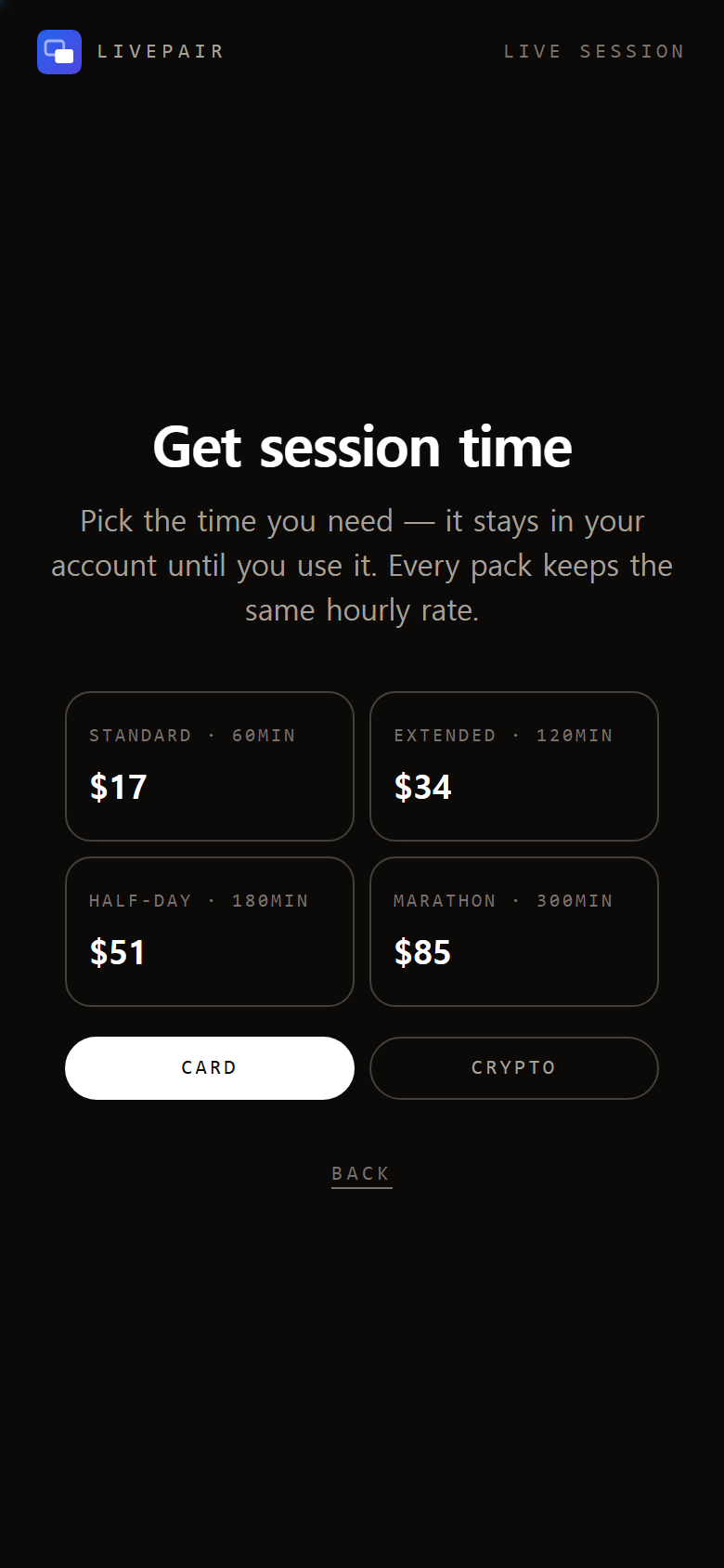 The session time picker — four packs with prices