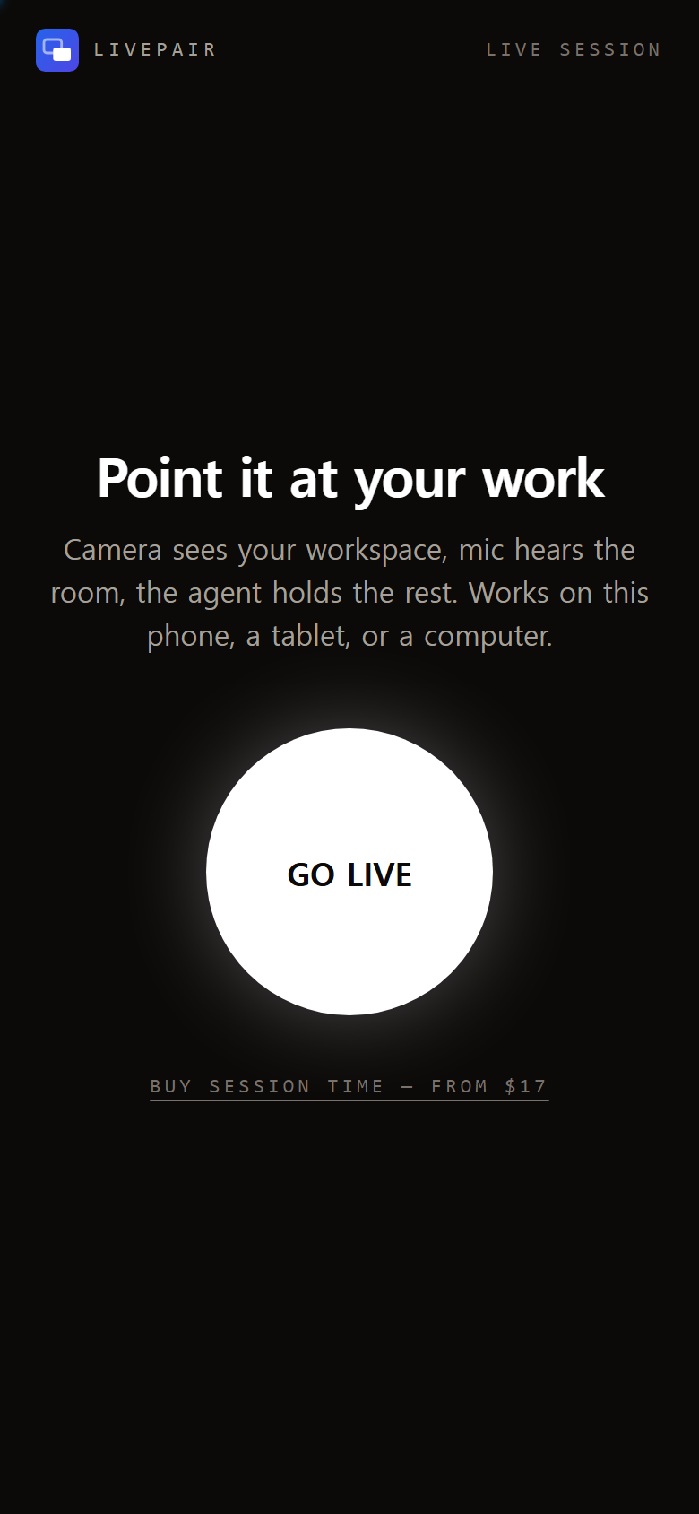 The start screen — a single GO LIVE button