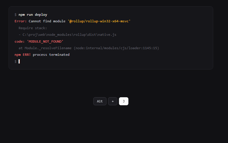 Joy's click-through overlay answering an npm error with the fix and a copy button