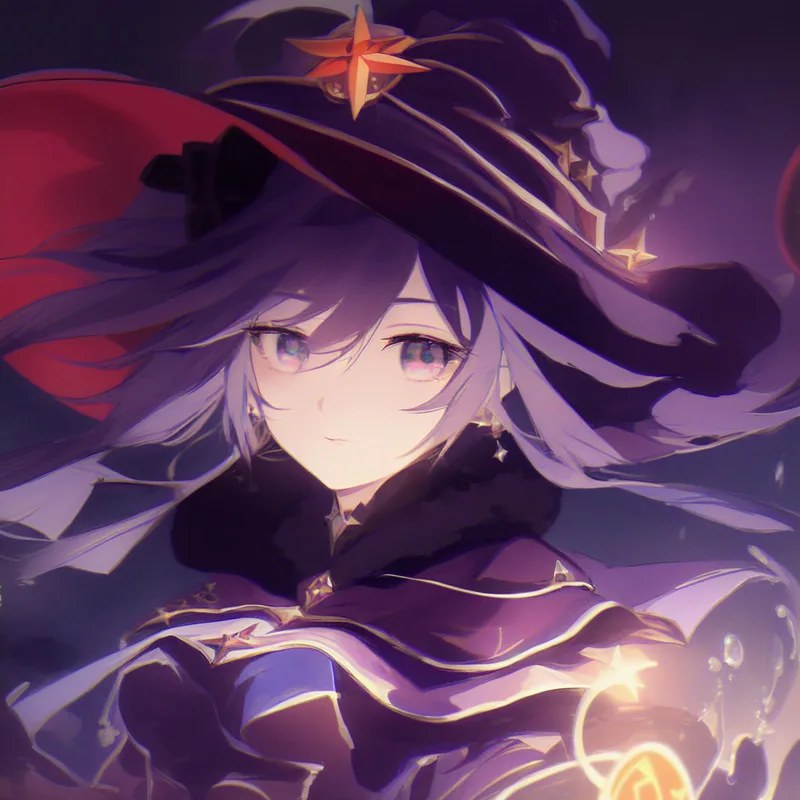 Anime witch girl in an oversized hat with a swirl of magic