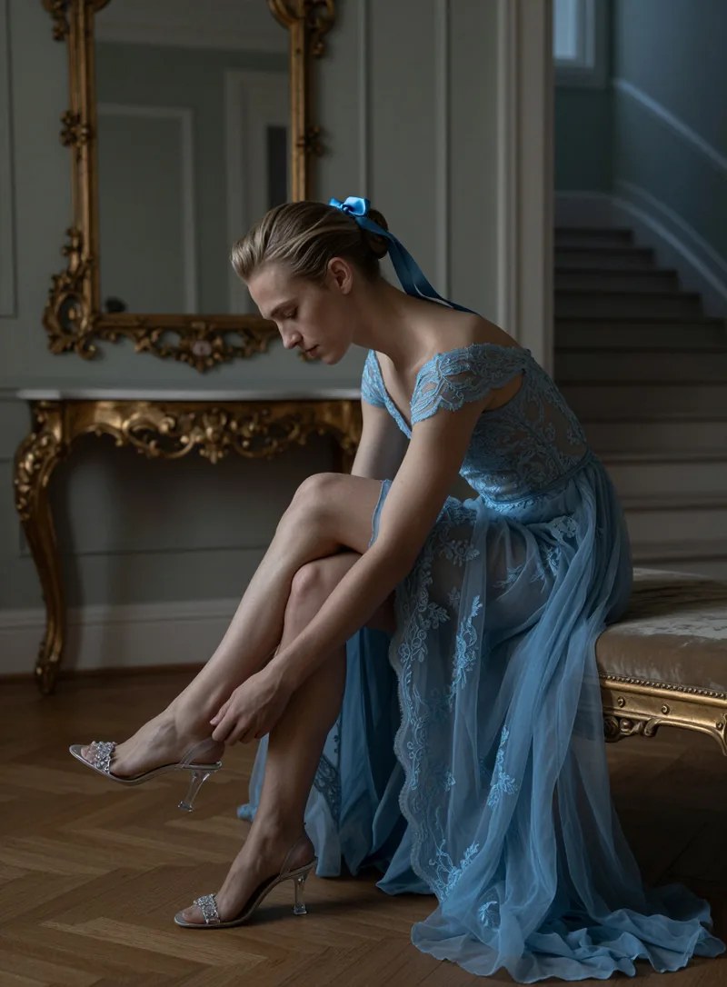 A woman in a flowing blue gown seated in an ornate baroque interior