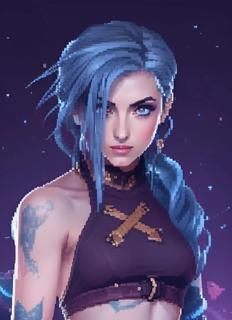 Painterly portrait of a blue-haired woman with intense eyes