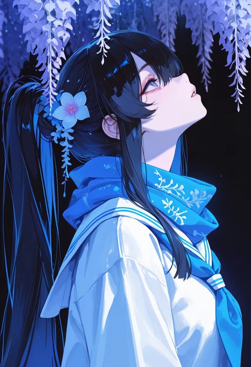 Anime girl holding a dramatic pose amid a burst of energy and petals