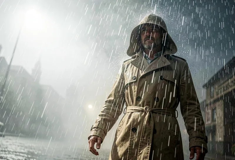 A man in a trench coat standing in heavy cinematic rain