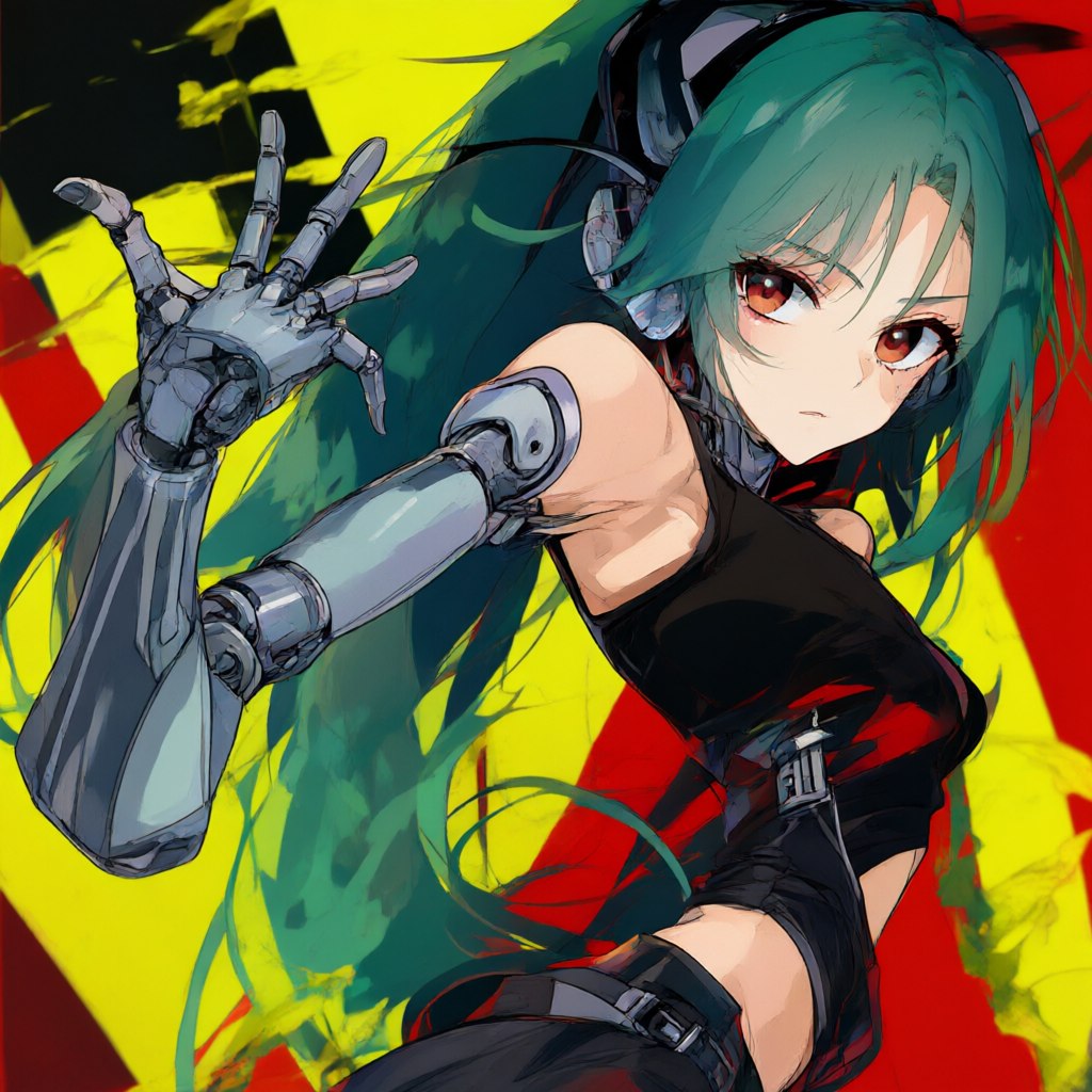 Anime girl reaching a mechanical hand toward the camera