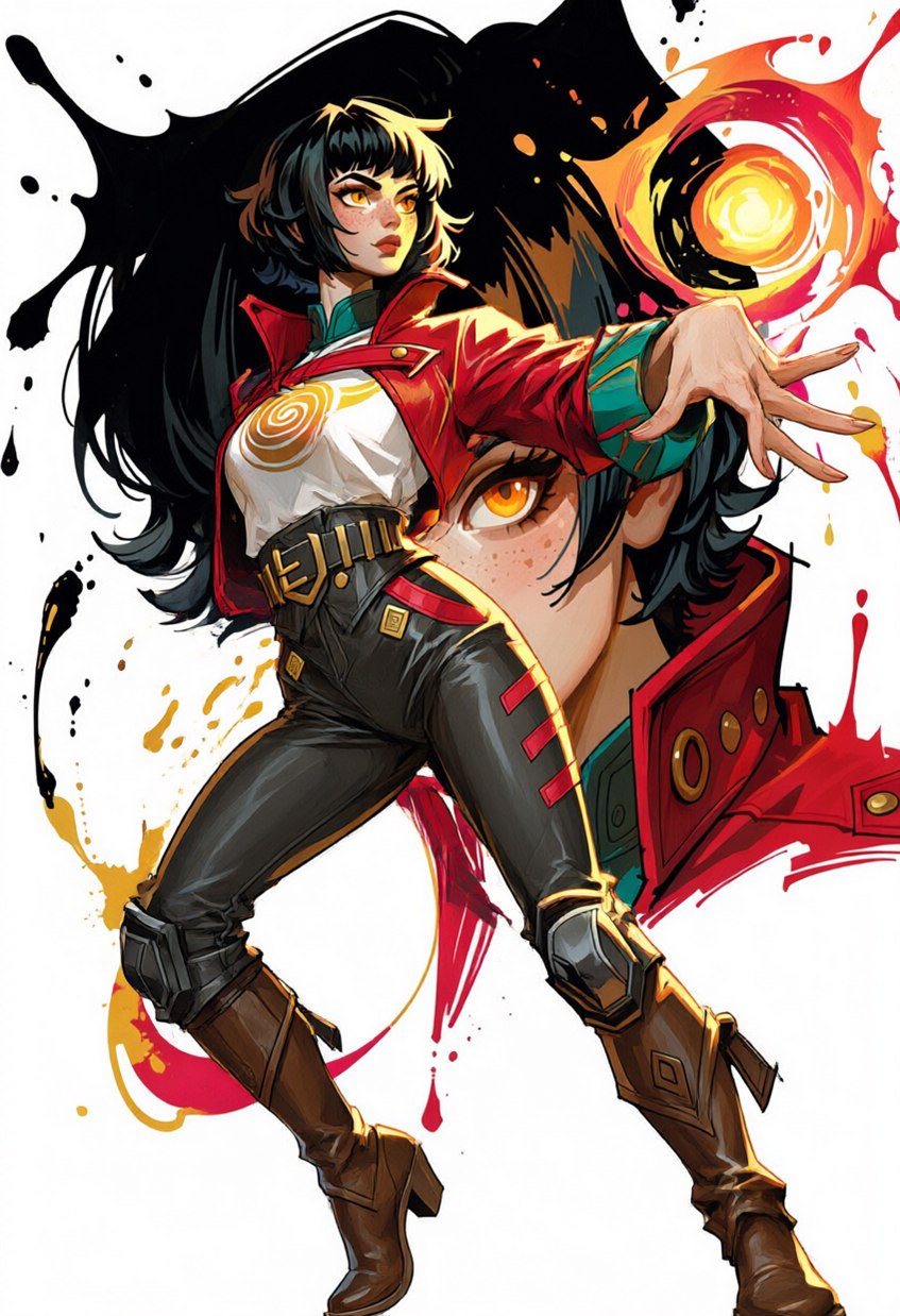 Anime girl in a red jacket in a dynamic pose against paint splashes